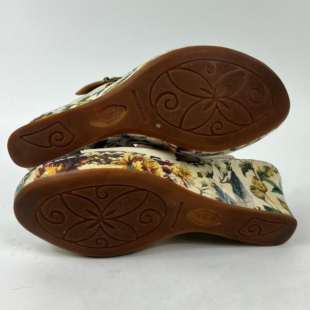 Born Womens 9M Floral Print Spring Canvas Wedge Sandals Leather 3.5″ Buckle - Picture 10 of 16